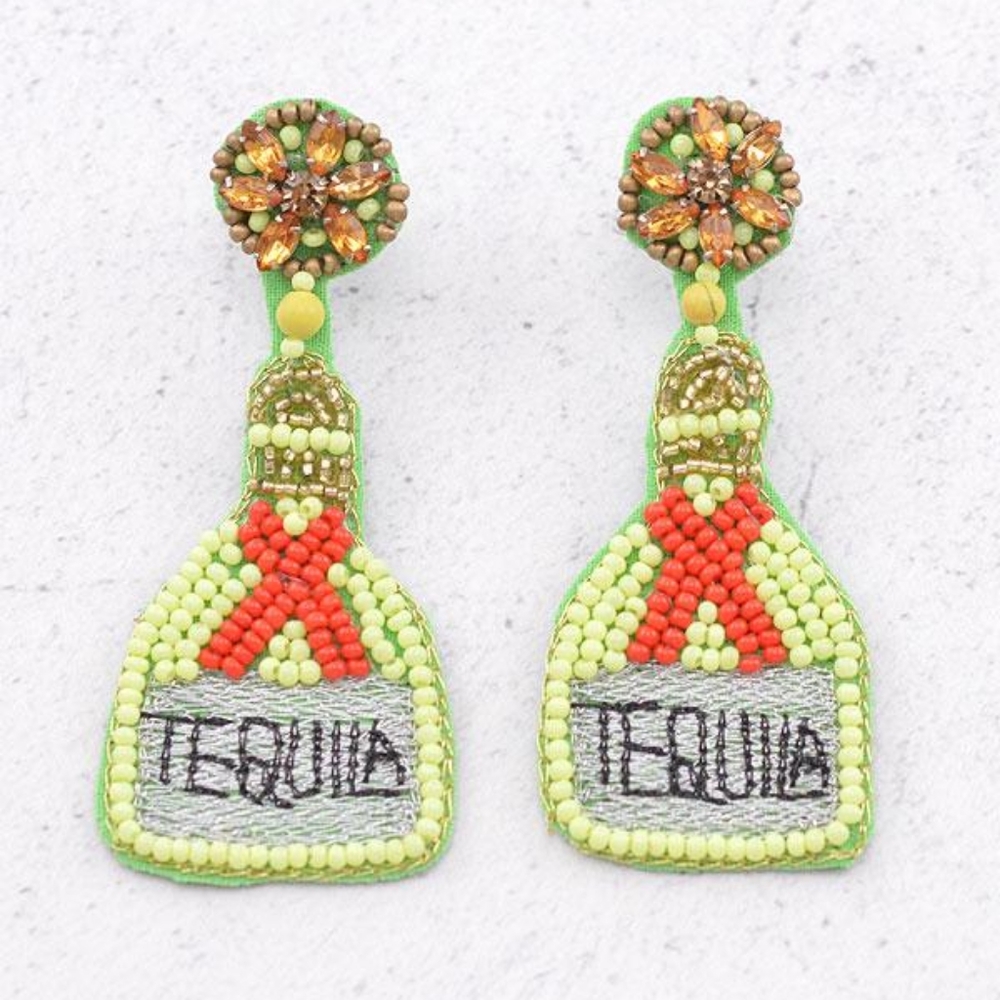 Lime Green Seed Beaded Tequila Earrings - Cinco de Mayo - Girls' Night Earrings